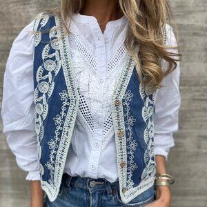 Embroidered Button Up V-Neck Vest Coat